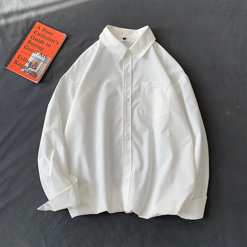 Loose Long Sleeve Pure Color Shirt Women's Basic Style Retro Korean Hong Kong Style Casual Outerwear for Couples Student Fashion