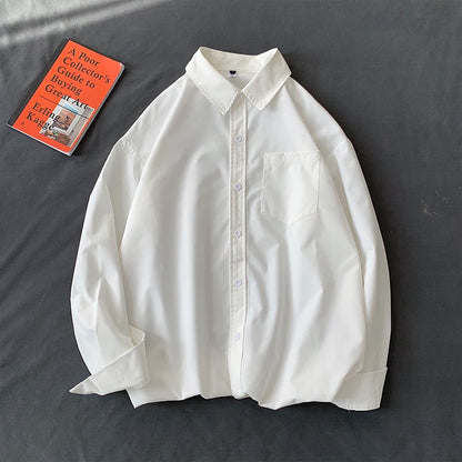 Loose Long Sleeve Pure Color Shirt Women's Basic Style Retro Korean Hong Kong Style Casual Outerwear for Couples Student Fashion