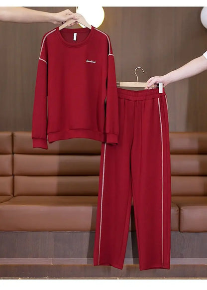 Ladies Large Size Cotton Embroidered Sportswear Set Casual Long Pants Two-Piece Fashionable Outfit for plus Size Women
