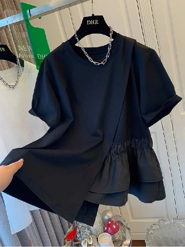 Loose Fit Pure Cotton Short Sleeve T-Shirt Women Summer Fashionable Casual Top Large Size 200 Pounds Asymmetrical Layering