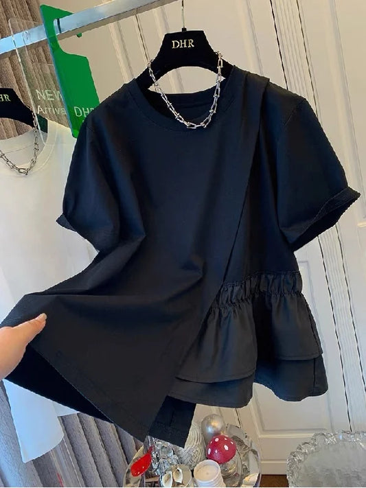 Loose Fit Pure Cotton Short Sleeve T-Shirt Women Summer Fashionable Casual Top Large Size 200 Pounds Asymmetrical Layering
