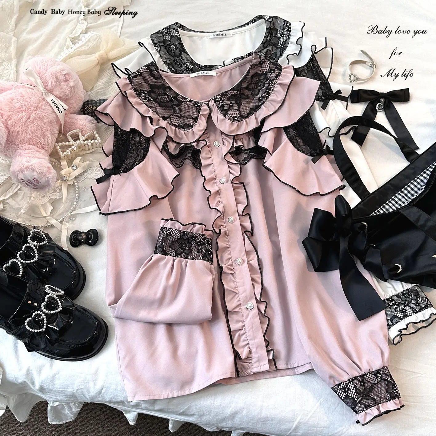 Jirai Kei Lolita Blouse Kawaii Top Women Cute Japanese Style Shirt with Bow Y2K Elegant Long Sleeve Sweet Casual Aesthetic Tops