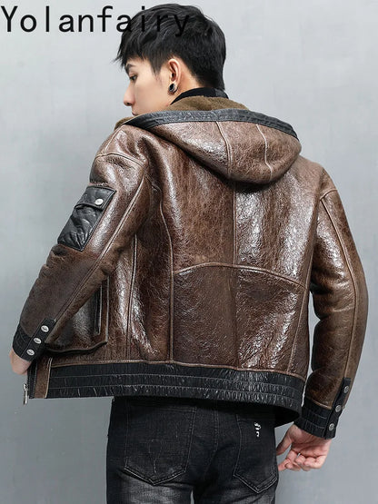YOLANFAIRY Genuine Sheepskin Fur Coat Man with Hood Luxury Winter Mens Genuine Leather Jacket Motorcycle Short Natural Fur Coats