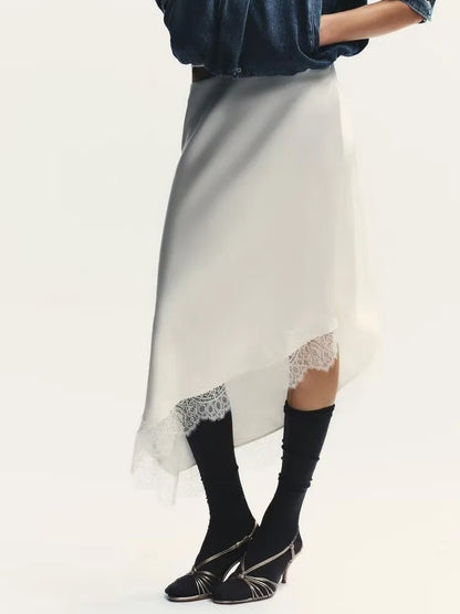 Winter New Arrival Women's Simple Versatile Mid-Waist Lace Trim Silk Satin Skirt Elegant Ethnic Stage Costume