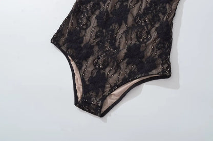 Sexy See Through Lace With Lining Backless Spaghetti Strap Bodysuit Woman Sling Tight Short Jumpsuit Slim fit Rompers Playsuits