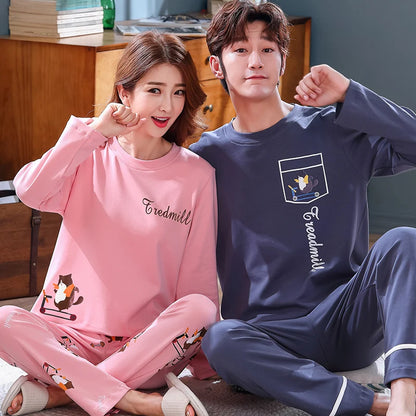 2023 New Cartoon Cute Pajamas Set for Couples Cotton Long Sleeves Sleep Top & Long Pant Spring Nightwear for Men and Women Pjs