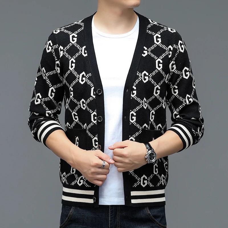 Autumn and Winter New Men's Trendy Brand Fashion Printed Top Long Sleeve Jacket Knitted Sweater for Men