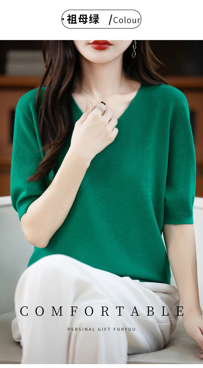 Thin Worsted Wool Short-Sleeved Women's Loose Round Neck T-shirt Printed Summer Fashion Knitted Bottoming Shirt Half-Sleeved