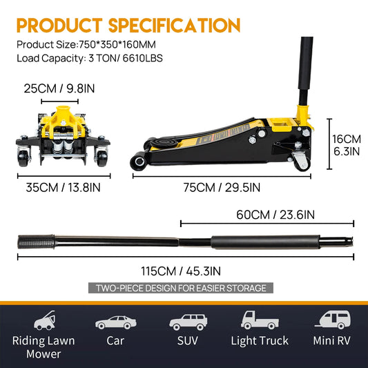 Super Low Profile Floor Jack 3-Ton Hydraulic Trolley Quick Lift Dual Pump