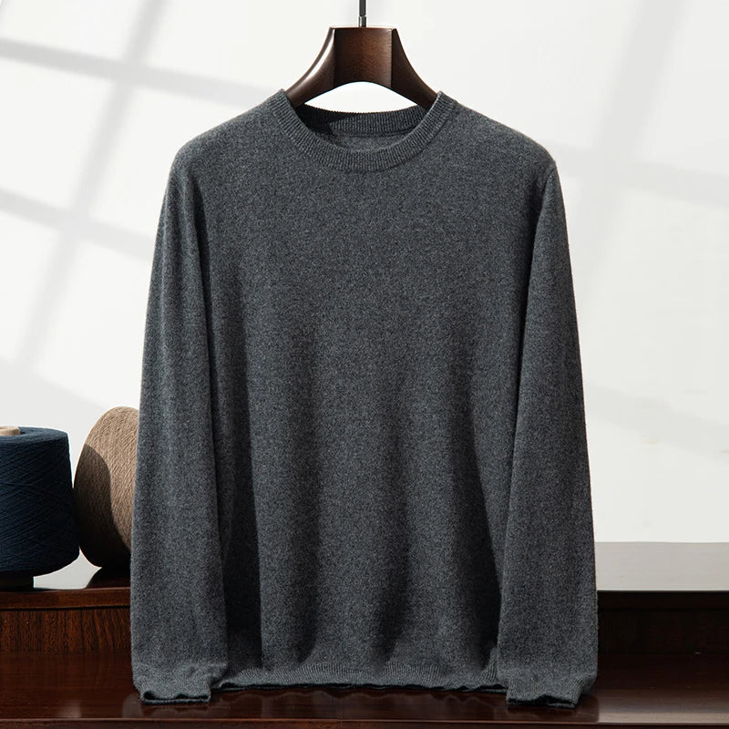 100% Cashmere Men's Pullover Business Casual Solid Knitted Sweater Loose Pull Round Neck Collar Tops Basic Versatile Jumper
