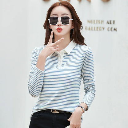 Spring Long Sleeve Striped Polo Shirt Women Cotton Stretch Fashion Summer Autumn Elegant Knitted Polo T-shirt For Women 2024