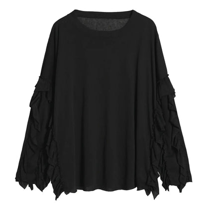 IMAKOKONI Oversized Ruffle Sleeve Black T-Shirt Women Crew Neck Loose Casual Tops Street Style 255349