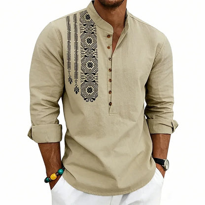 Spring and summer long-sleeved loose ethnic style linen printing breathable stand-up collar breasted long-sleeved shirt men