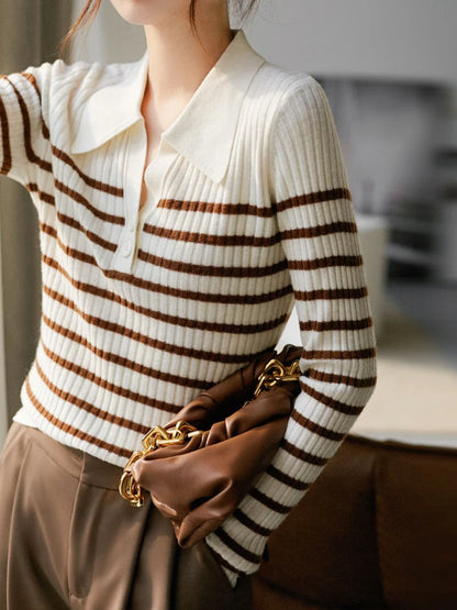 Polo Neck T Shirt for Women Long Sleeve Knitted Striped Woman Tshirt Autumn Winter Fashion 2025 Basic Clothing Trend Pulovers In