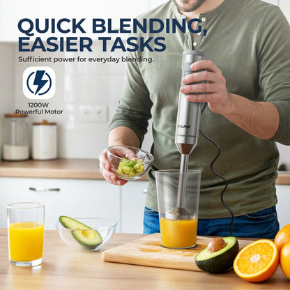 ROUNY 4-in-1 Hand Immersion Blender 1000W Powerful, Stainless Steel Stick Food Mixer,700ml Mixing Beaker,500ml Processor, Whisk