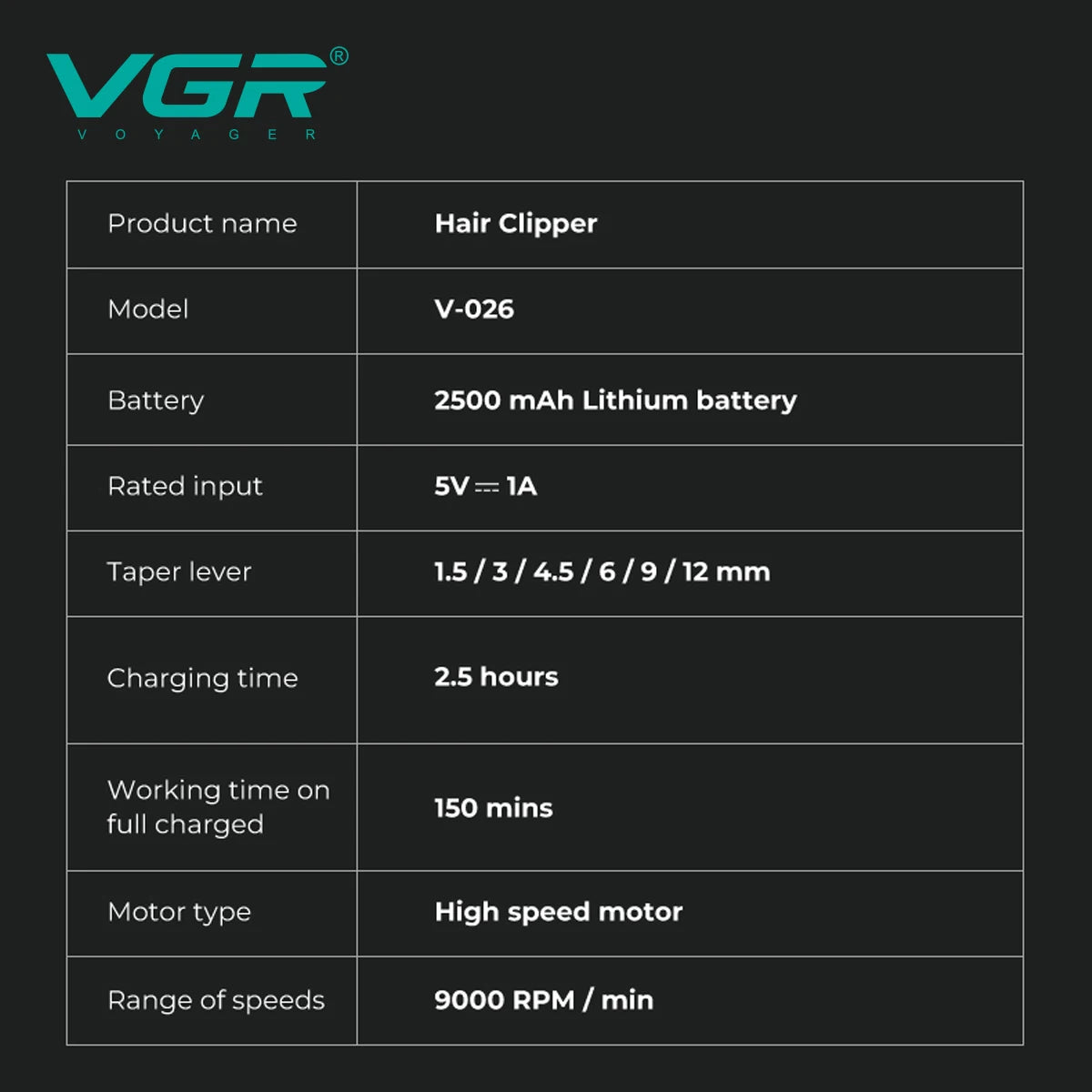 VGR high-end professional hair clipper gradient metal body hair trimmer 9000 RPM LCD digital display electric push shear V-026