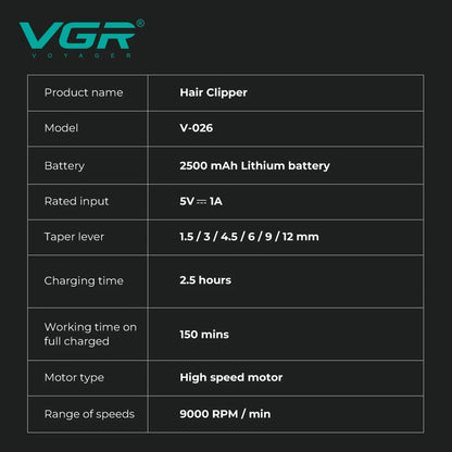 VGR high-end professional hair clipper gradient metal body hair trimmer 9000 RPM LCD digital display electric push shear V-026