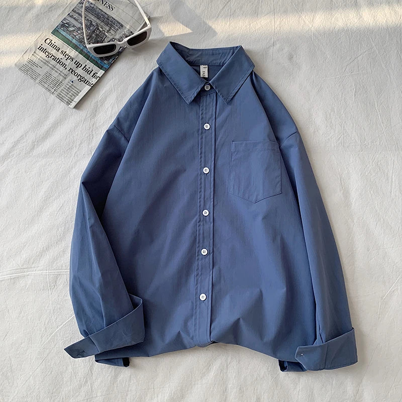 Loose Long Sleeve Pure Color Shirt Women's Basic Style Retro Korean Hong Kong Style Casual Outerwear for Couples Student Fashion