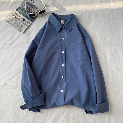 Loose Long Sleeve Pure Color Shirt Women's Basic Style Retro Korean Hong Kong Style Casual Outerwear for Couples Student Fashion