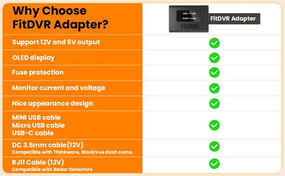 FitDVR Dash Cam Adapter for Universal Car Model, LED Display, USB Power Source Cable, DVR Accessories, Easy to Install, D3-044
