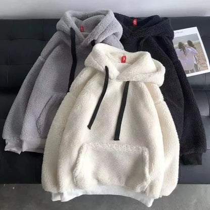 Imitation Lambskin Hoodie Winter Simple Couple Long-Sleeved Hoodie Wear for Both Men and Women Fluffy Thickened Hooded Loose Top