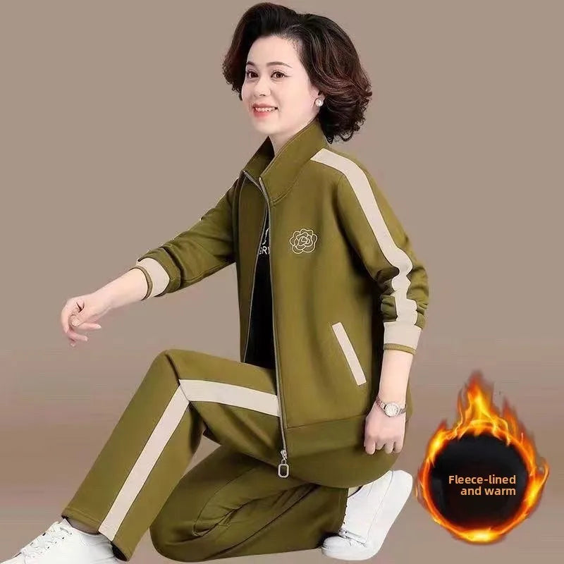Thickened Fleece Lined Casual Sportswear Set for Middle-Aged Women Autumn Winter Two-Piece Suit Loose Fit Long Pants Zipper C...