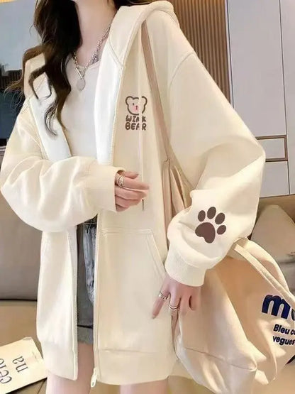 Korean Style Fleece Lined Oversized Hooded Cardigan Women's Autumn Winter Zipper Cartoon Print Top Coat Trendy Streetwear