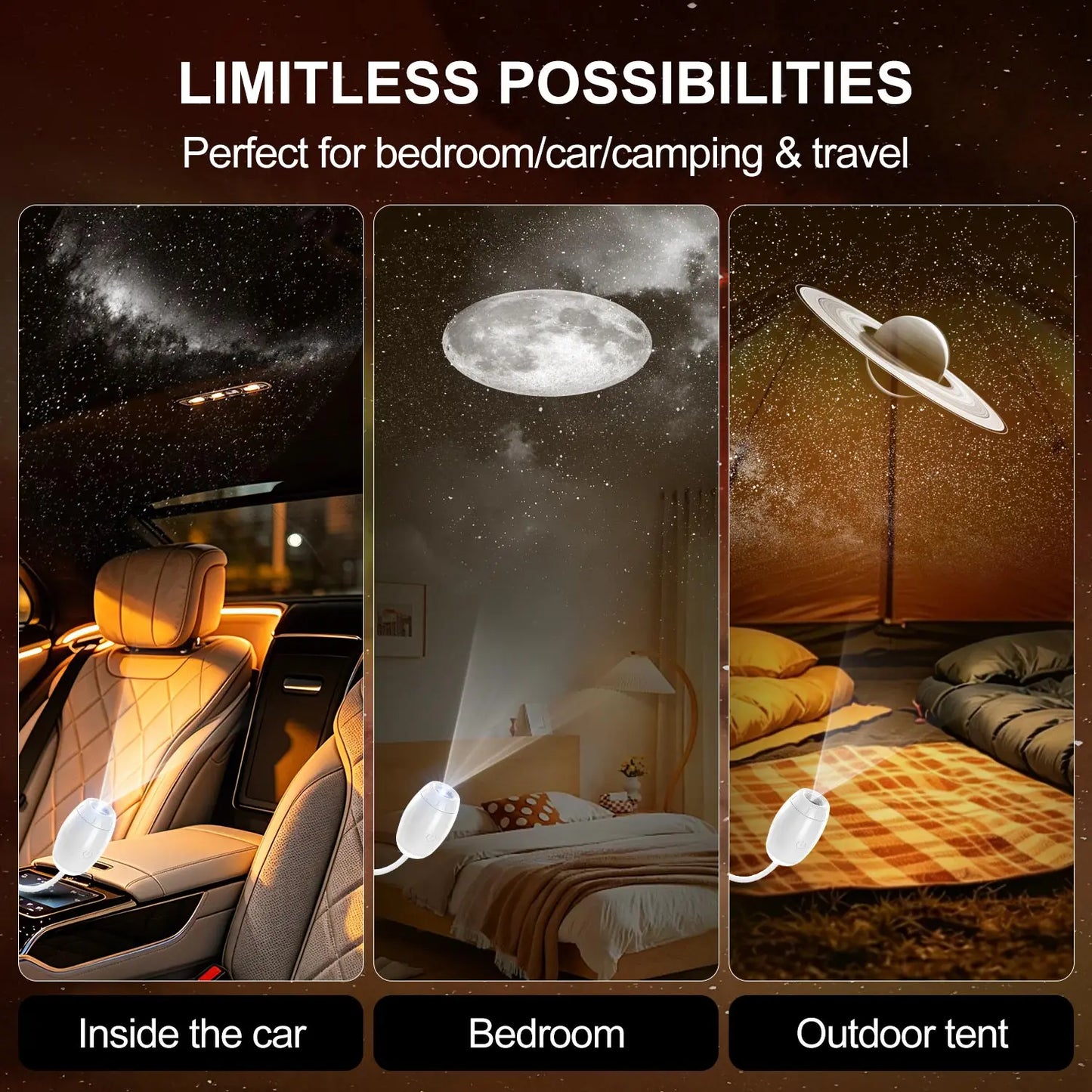Romantic LED Starry Sky Night Light USB Powered Saturn Galaxy Projector Lamp for Car Roof Party Room Ceiling Decor Plug and Play