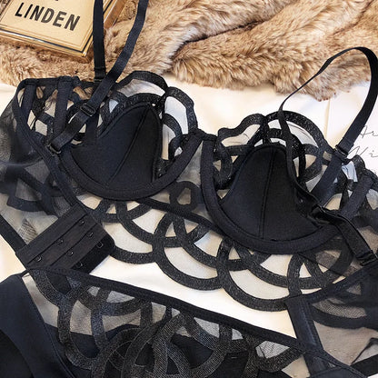 2 Pieces Sexy Women Underwear Set French Lace Ultra-thin Bra Set Summer  Breathable Brassiere Briefs with Thong Female Lingerie
