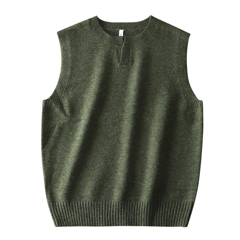 DUKEEN Classic Men's Sleeveless Sweater Vest Autumn Winter Solid Color Preppy Pullover Vest Business Casual Split Neck Knitwear