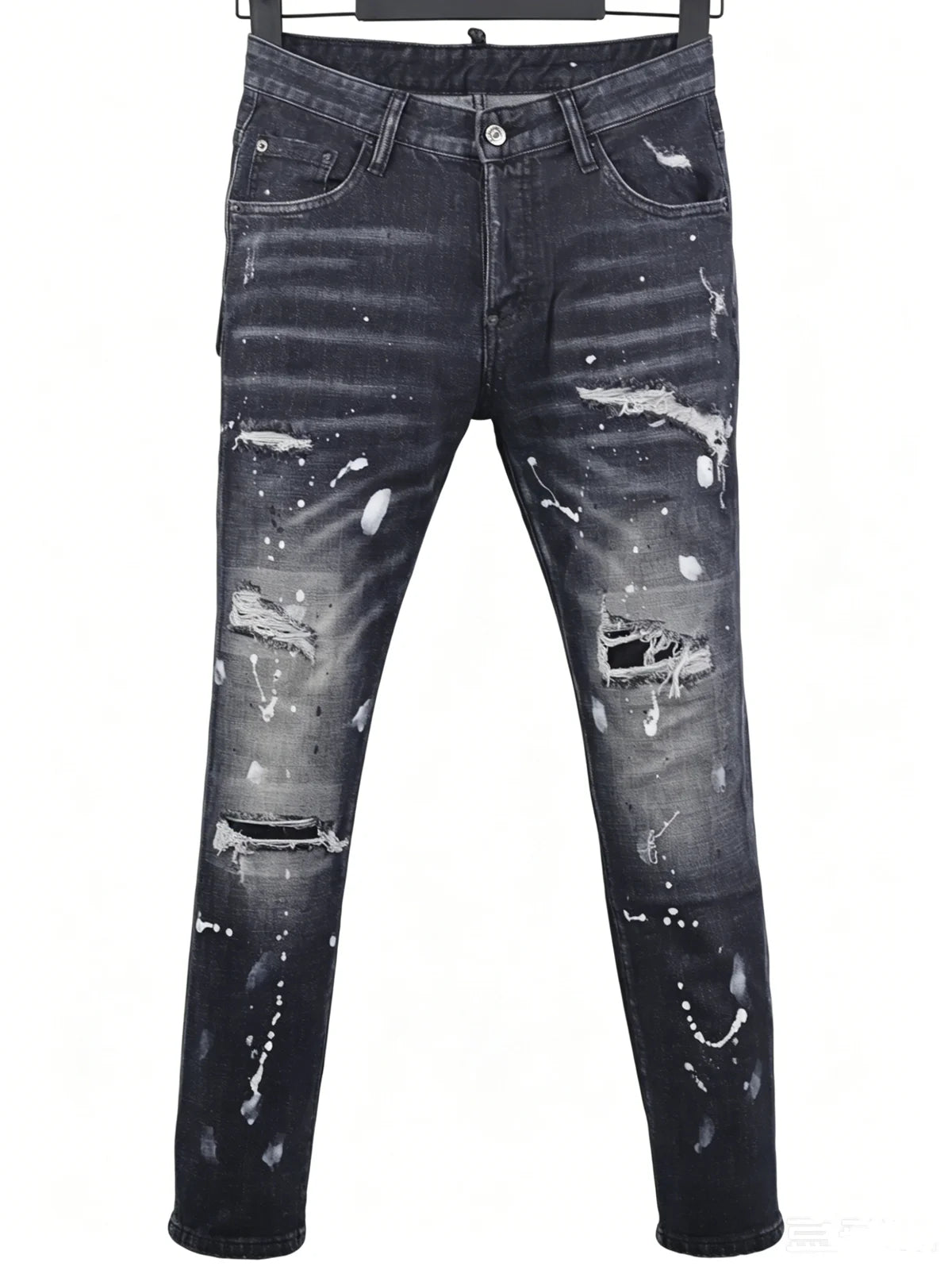 6058 Four Seasons New Men's Wash Grinding Hole Patch Paint Splash Ink Micro-bullet Leg Grey Jeans for Men