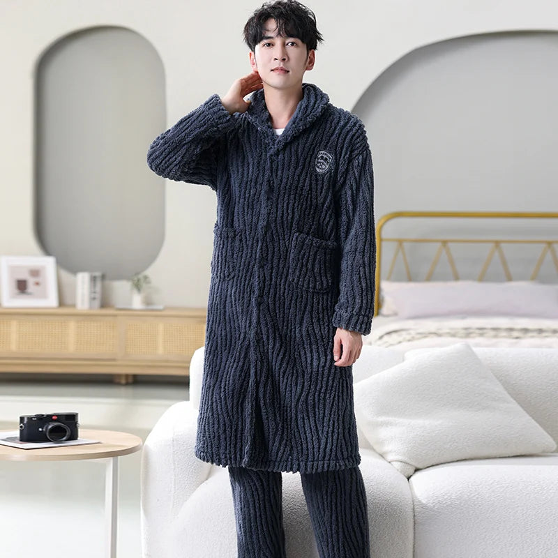 Winter Coral Velvet Men Sleepwear Button Cardigan Robes + Pants Thicken Flannel Bathrobe Male Long Sleeve Kimono Warm Home Wear
