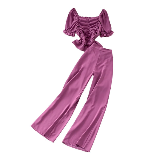 Faionable Casual Women's Set High Waist Wide Leg Pants Long Pants Two Piece Square Collar Slim Fit irt Spring