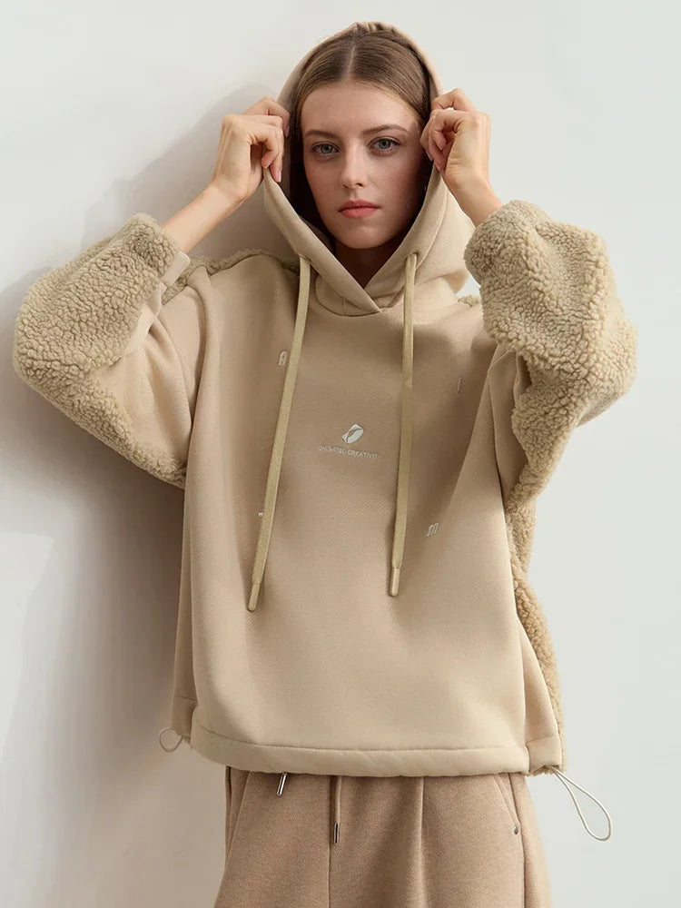 Amii Drawstring Hooded Splicing Imitation Lamb Wool Sweatshirt Embroidered 2024 Winter Women's Loose Thermal Tops 12444131