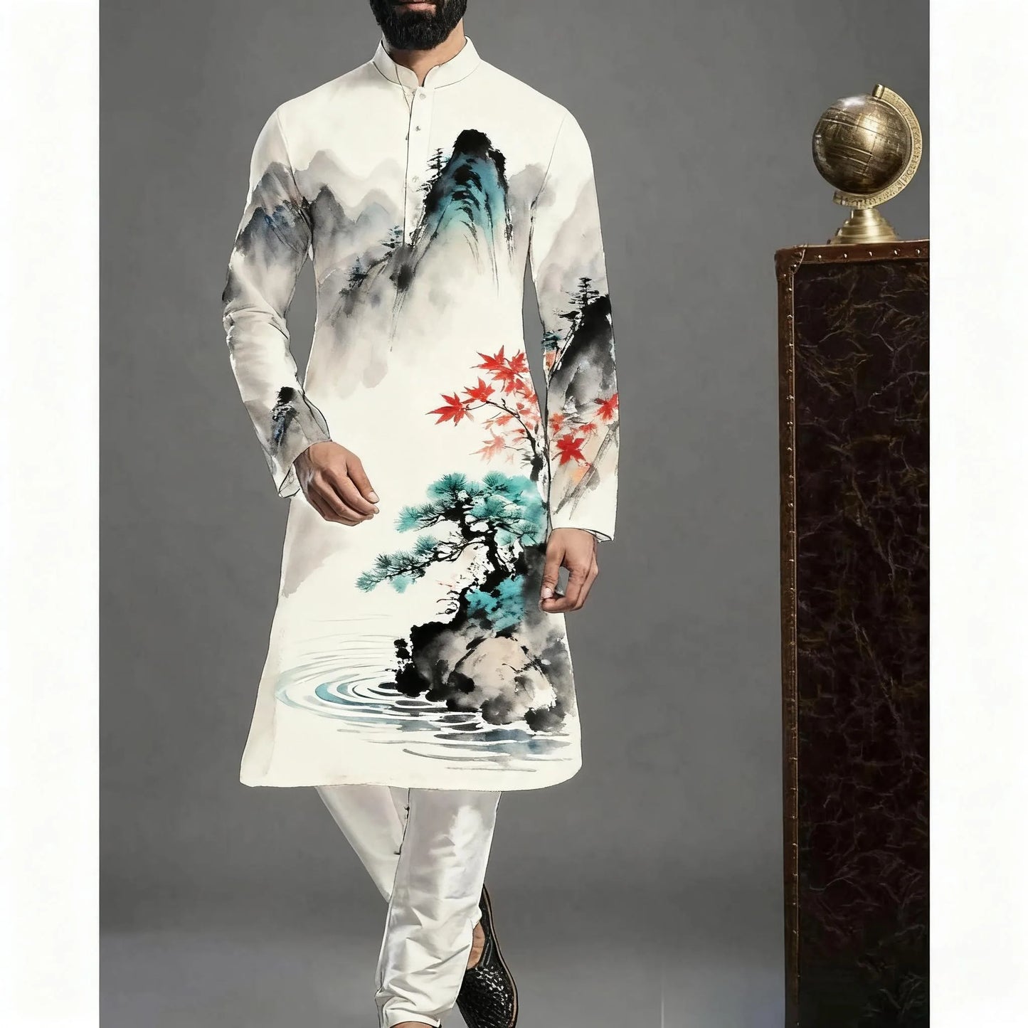 2026 Muslim Tops Men's Ethnic Style Long-sleeved Stand-up Collar Shirts Casual Slim Irregular Ropa Musulmana Hombre