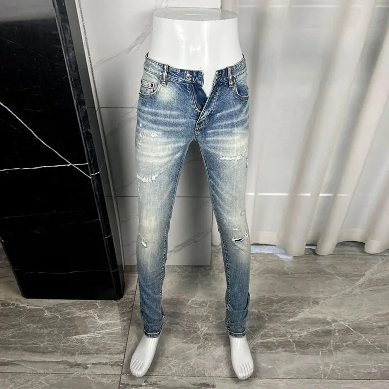 Fashionable new light blue men's jeans, elastic slim fit, washed with nostalgia, color distressed patch jeans, hip-hop brand pan