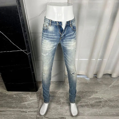 Fashionable new light blue men's jeans, elastic slim fit, washed with nostalgia, color distressed patch jeans, hip-hop brand pan