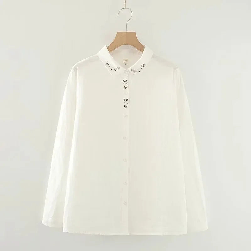 Elegant Embroidered Flower Doll Collar Double Layer Cotton Baby White Shirt Women Long Sleeve Base Shirt Trendy Commute Style...