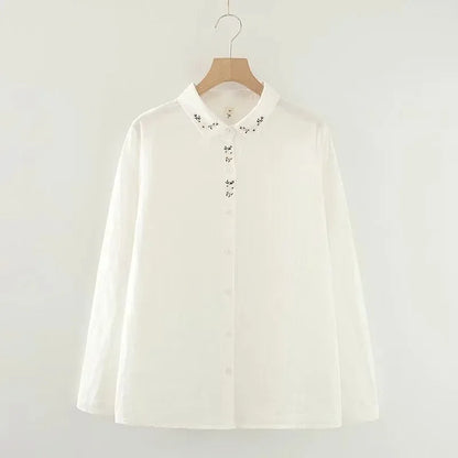 Elegant Embroidered Flower Doll Collar Double Layer Cotton Baby White Shirt Women Long Sleeve Base Shirt Trendy Commute Style...