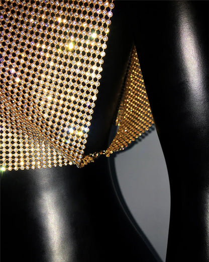 Shiny Rhinestone Metal Sequins Crop Tops Summer Women Sexy Round Neck Handmade Camisole Nightclub Party Club Tank Tops