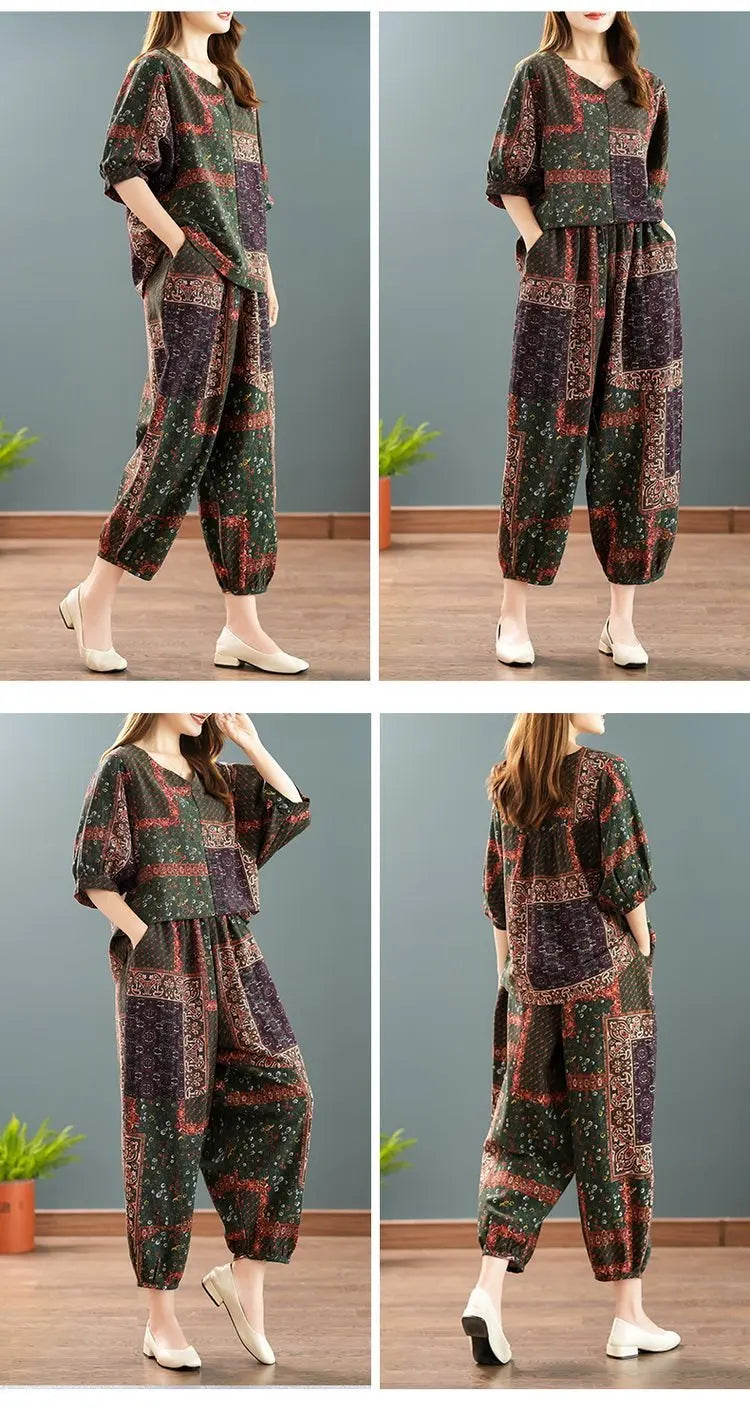 New Summer Floral Print Midi Sleeve Cotton Linen Loose Women's Two-Piece Set Ethnic Style Mom Clothes Comfortable Breathable