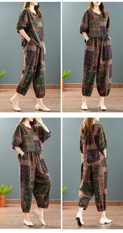 New Summer Floral Print Midi Sleeve Cotton Linen Loose Women's Two-Piece Set Ethnic Style Mom Clothes Comfortable Breathable