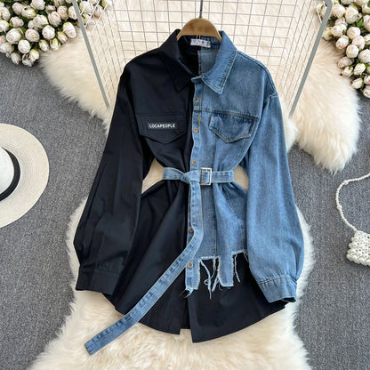 Retro Hong Kong Sle Casual Mid-Length Women's Denim irt with Belt Spring New Faion Chic Loose Fit Pure Color  Collar
