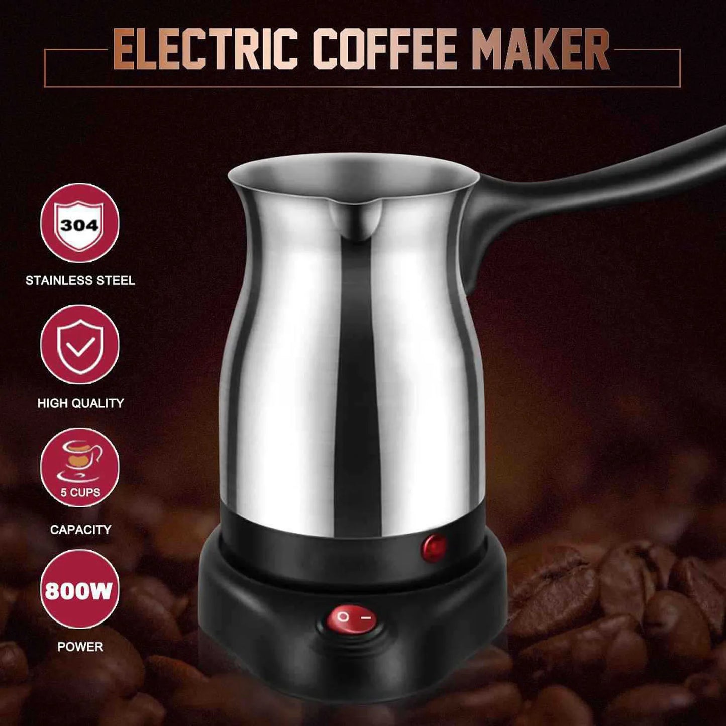 Electric Coffee Pot Ergonomic Handle 600ML 600W Stainless Steel Turkish Coffee Tea Maker Kettle for Home 110V US