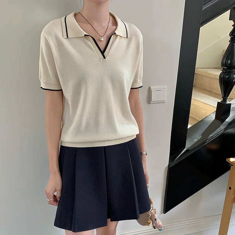 100% Cotton Women POLO Collar contrast color luxury designer clothing woman plus size woman clothing
