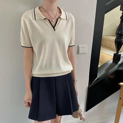100% Cotton Women POLO Collar contrast color luxury designer clothing woman plus size woman clothing