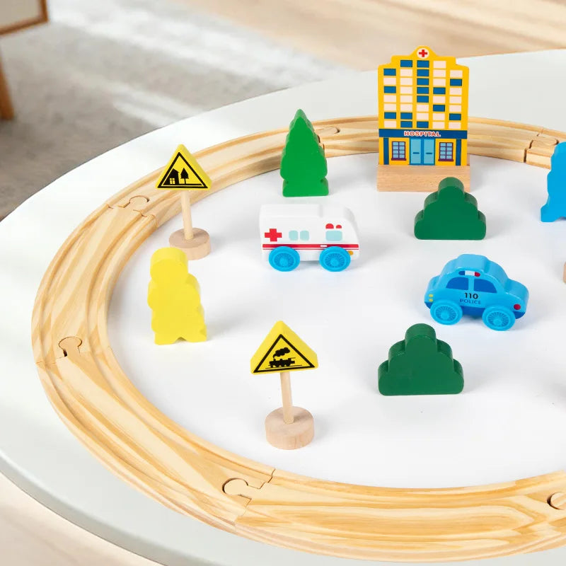 Children's Pine Wood Train Track And Vehicle Toy Set - Educational City Scene Toy With Tracks Cars Traffic Signs And Buildings