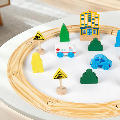 Children's Pine Wood Train Track And Vehicle Toy Set - Educational City Scene Toy With Tracks Cars Traffic Signs And Buildings
