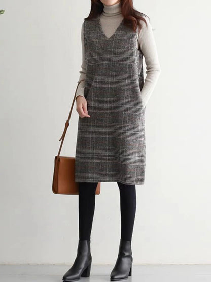 Mid-Length Woolen Ba Zipper Svel Dr Large Size Women's Faion V-Ne Slimming Midi Dr Autumn Casual Sle