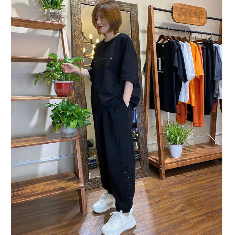 Summer New Casual Sports Set Women's Trendy plus Size Fashion Letter Short Sleeve Long Pants Fat Sister Two-Piece Set Trendy